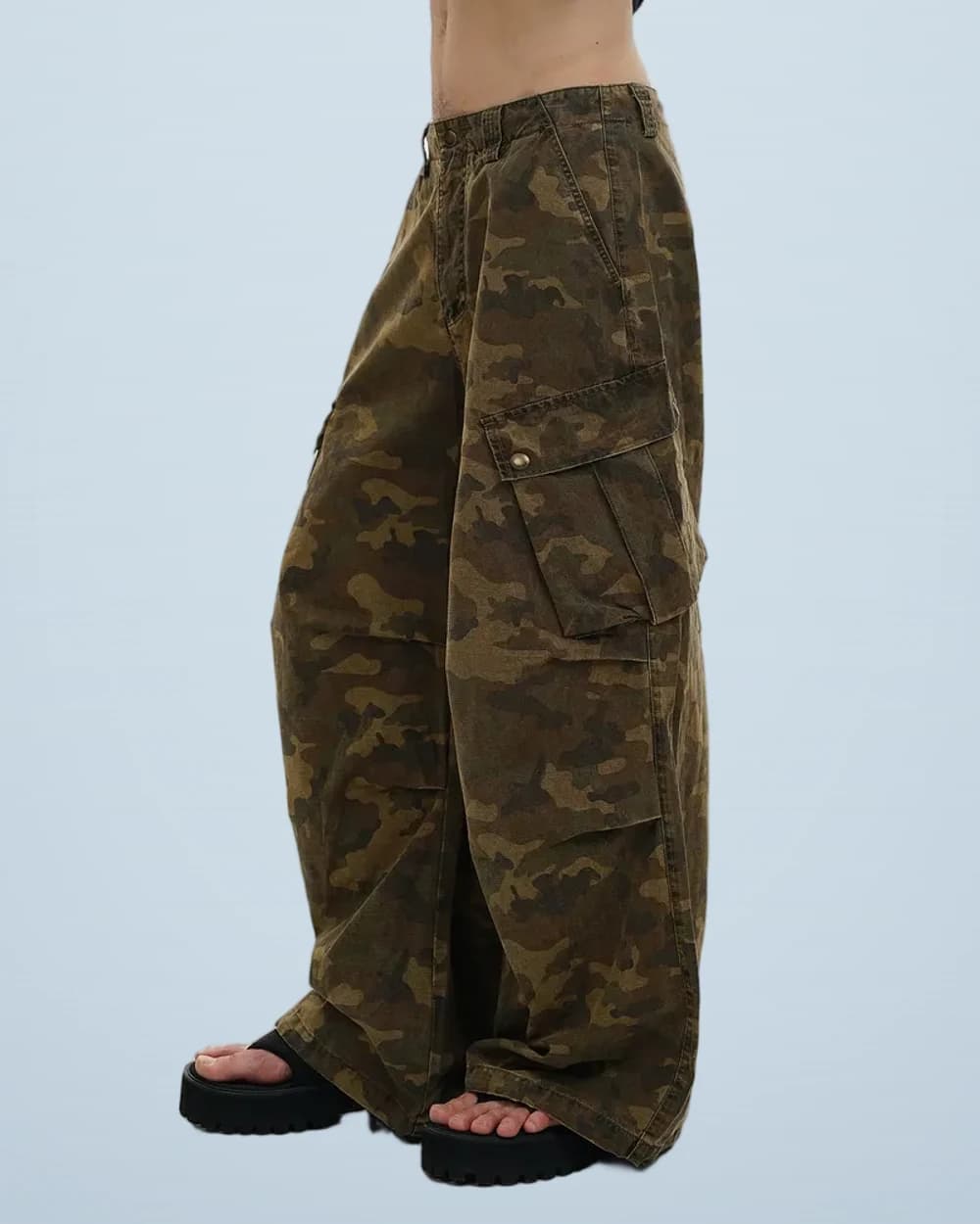 Distressed Camo Parachute Pants