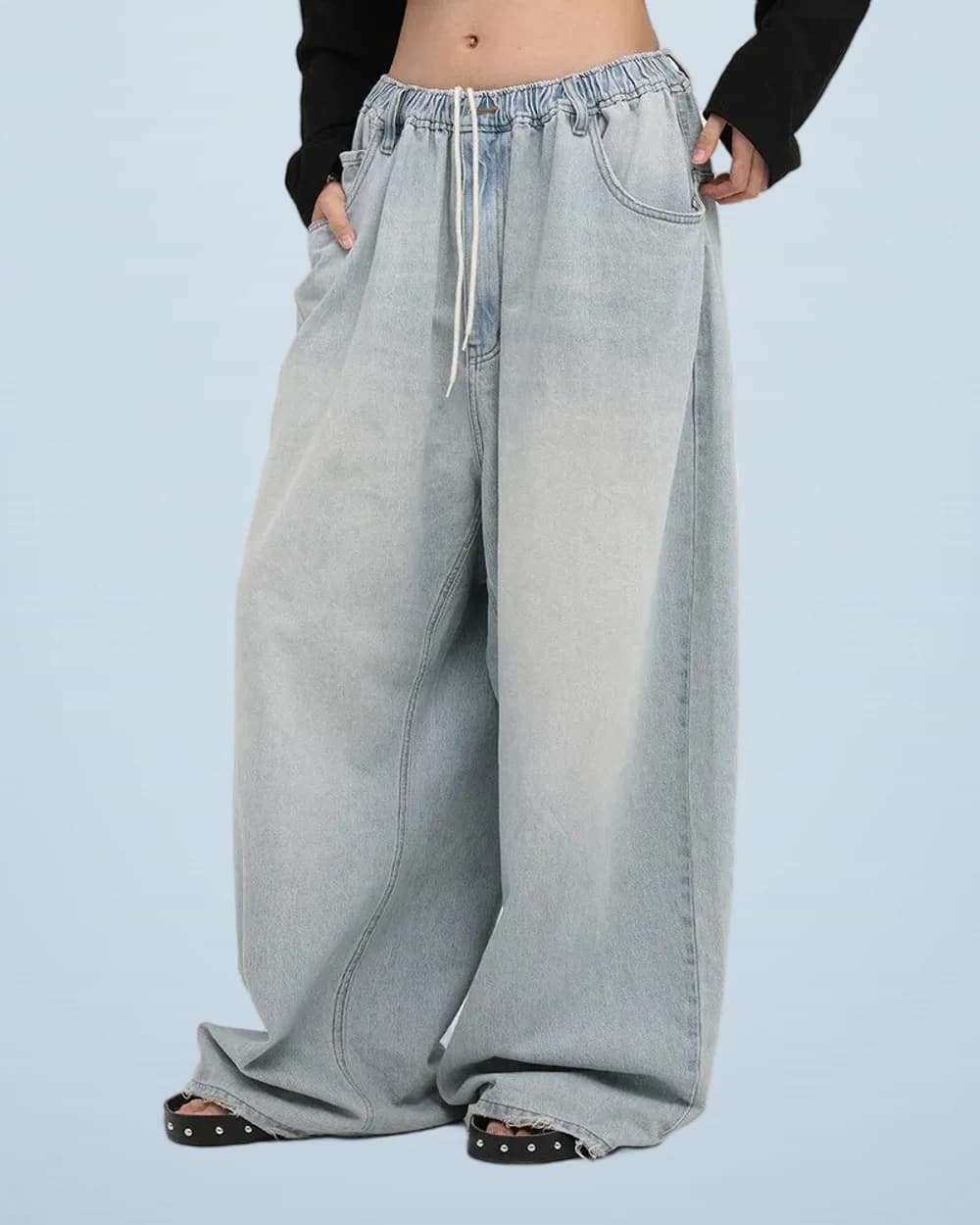 Custom-Waist Baggy Denim Pants