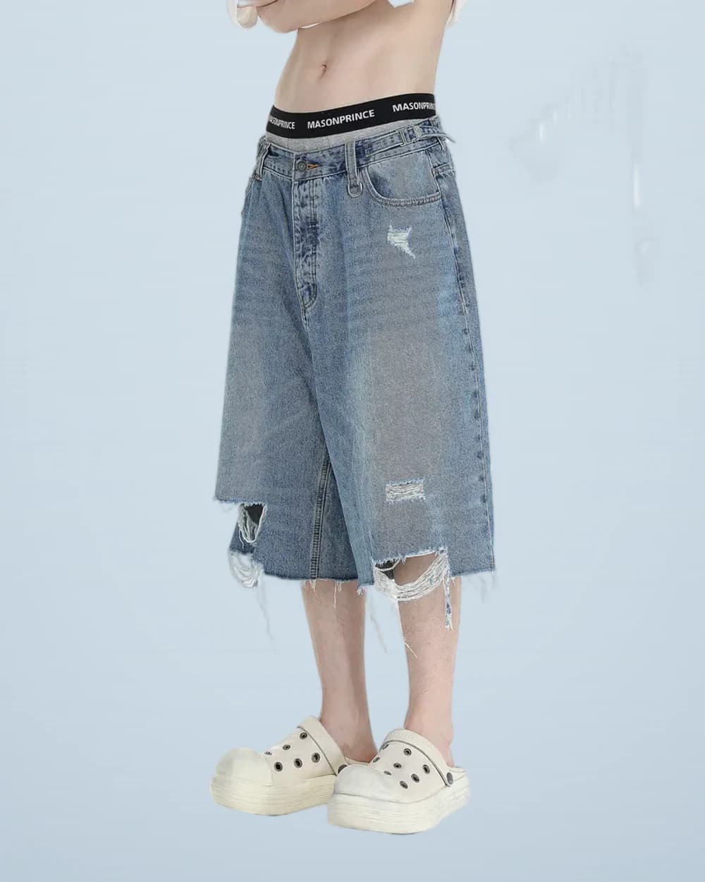 Frayed D-Ring Denim Shorts