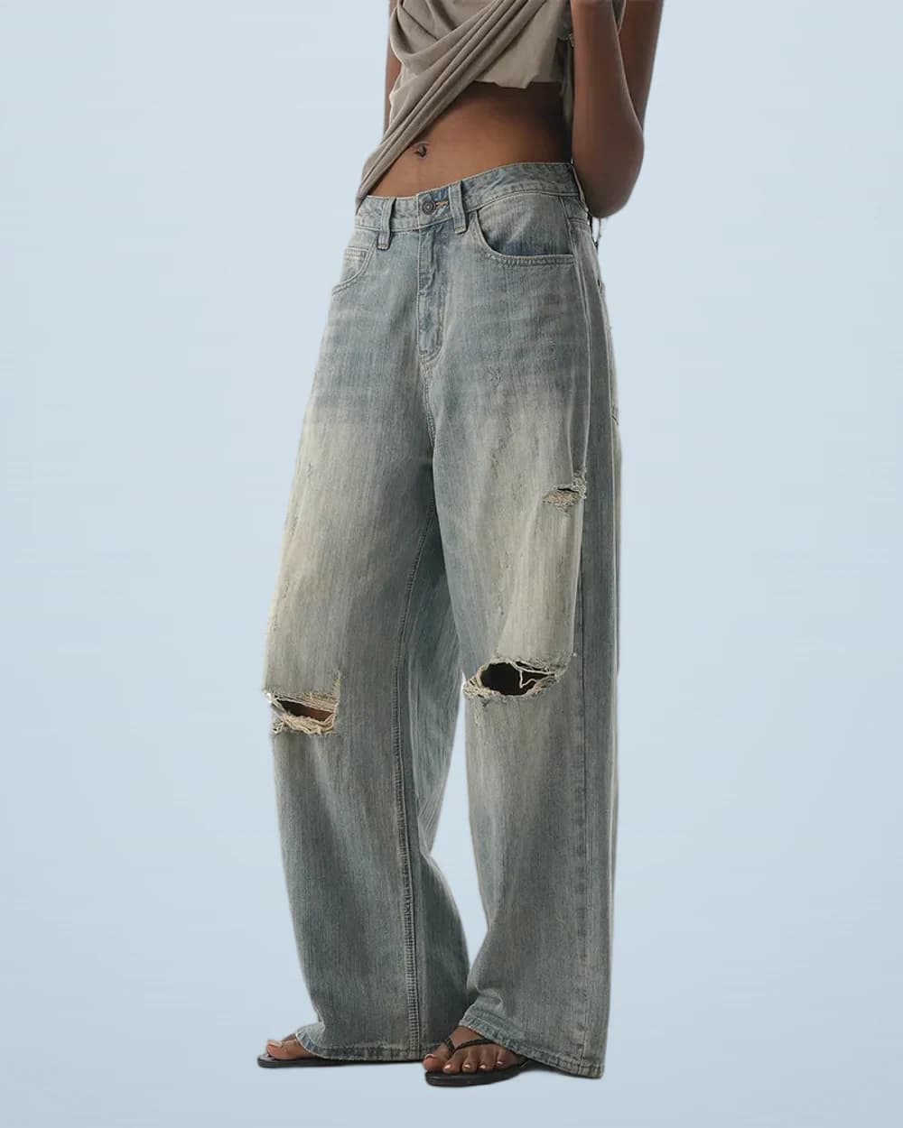 Slub-Knit Vintage Ripped Pants