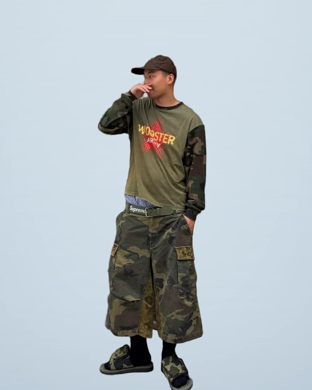 Washed Camo Leopard-Print Patchwork Cargo Shorts