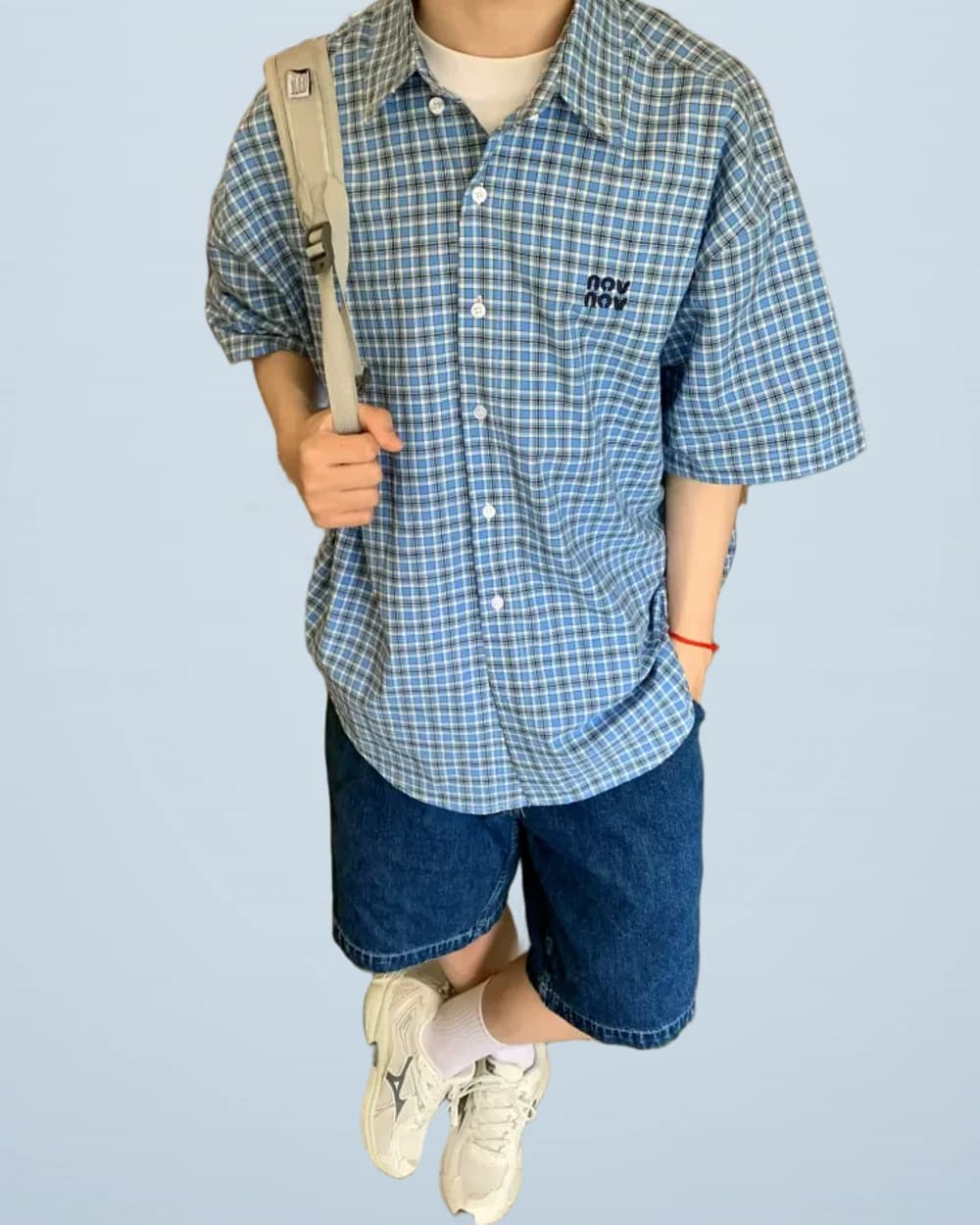 Blue Plaid Embroidered Short-Sleeve Shirt