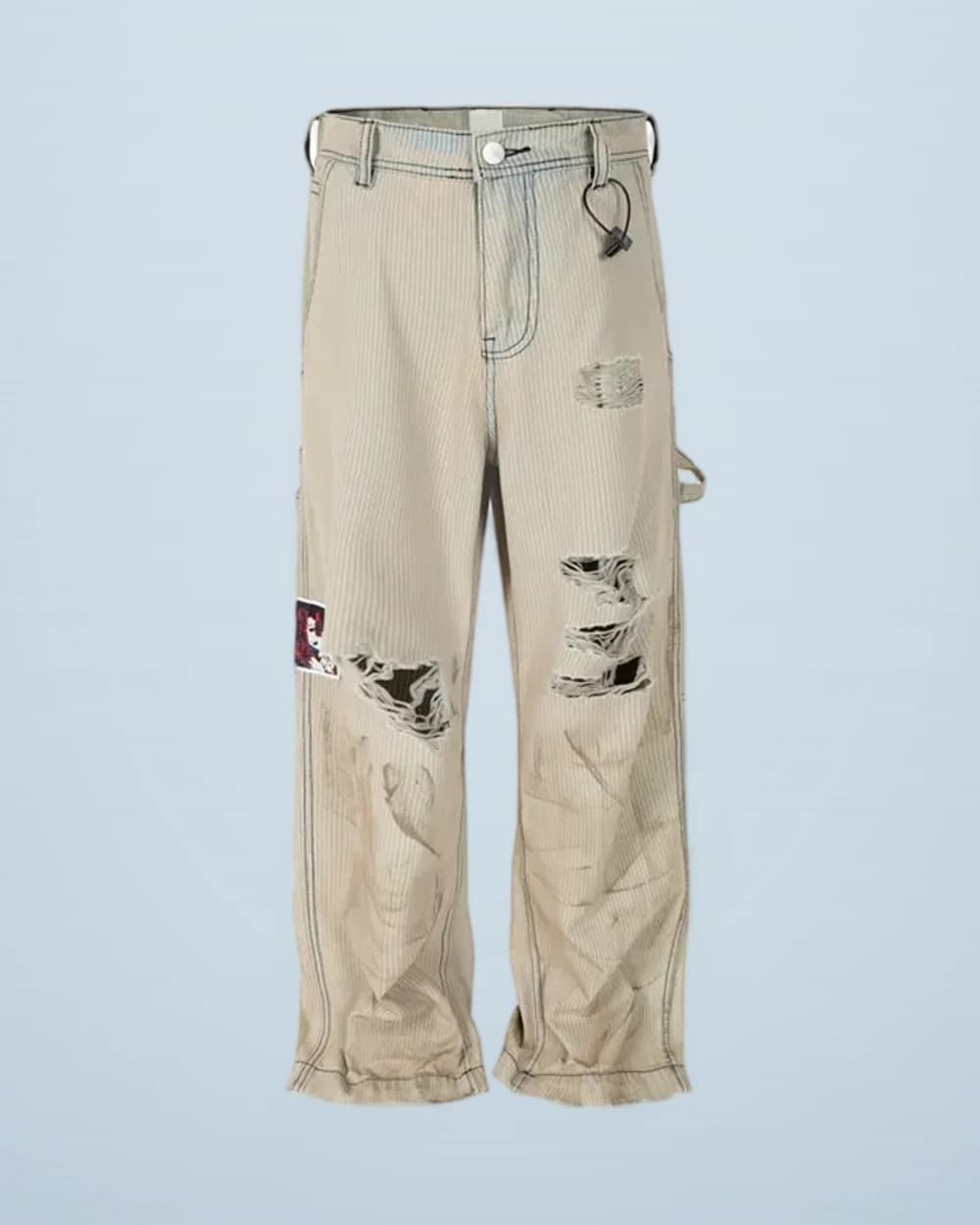 Cartoon Crane Distressed Striped Cargo Pants